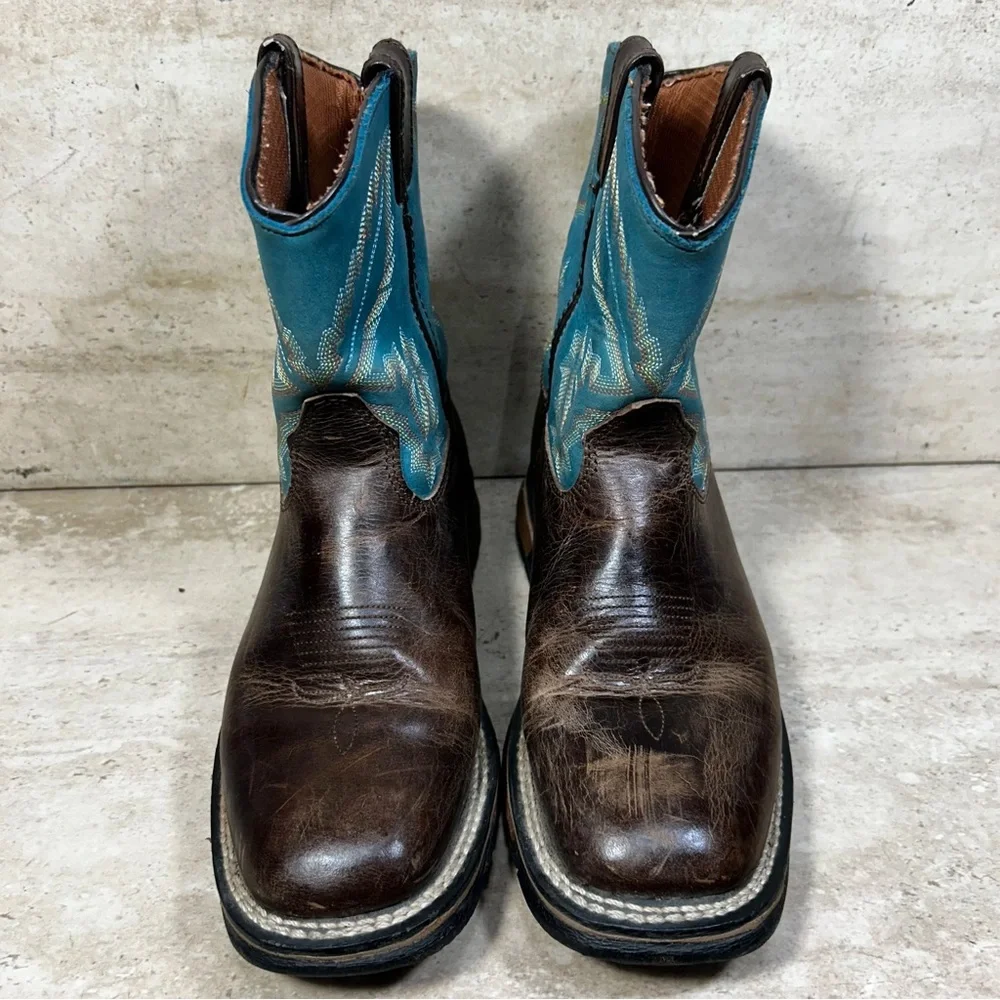 Rocky Kids Western Boots Brown‎ Leather Teal Blue Stitched Square Toe Pull On